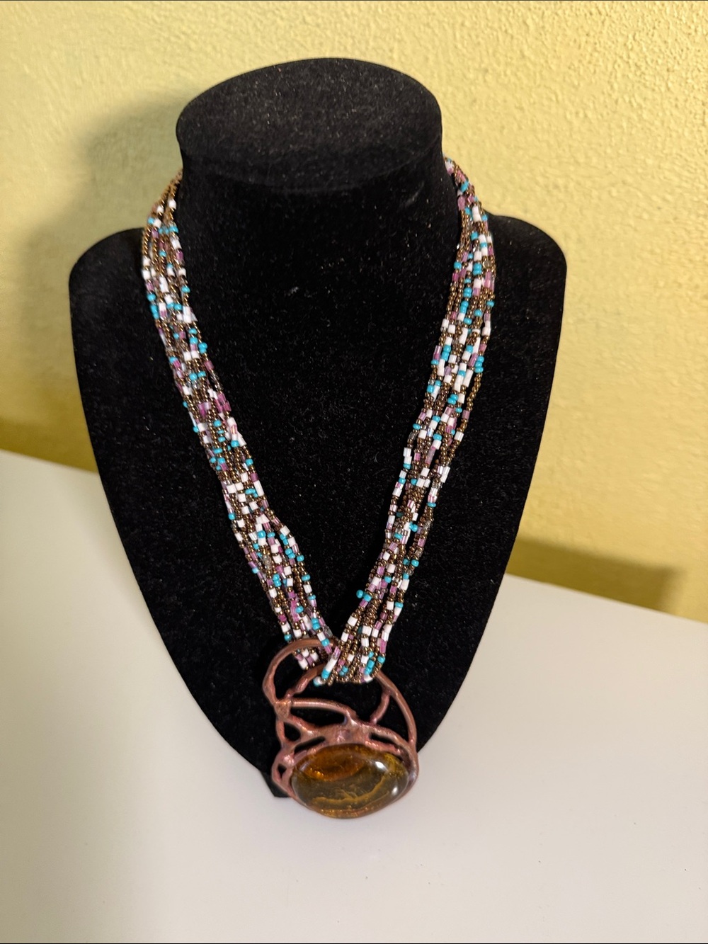 Handcrafted Multistrand Beaded Necklace with Amber Pendant - Turquoise & Purple